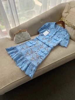 Blue Lace Dress Women Summer with Belt Short Sleeve Streetwear Clothing Lady Hollow Out Runway Design Vestidos Bodycon