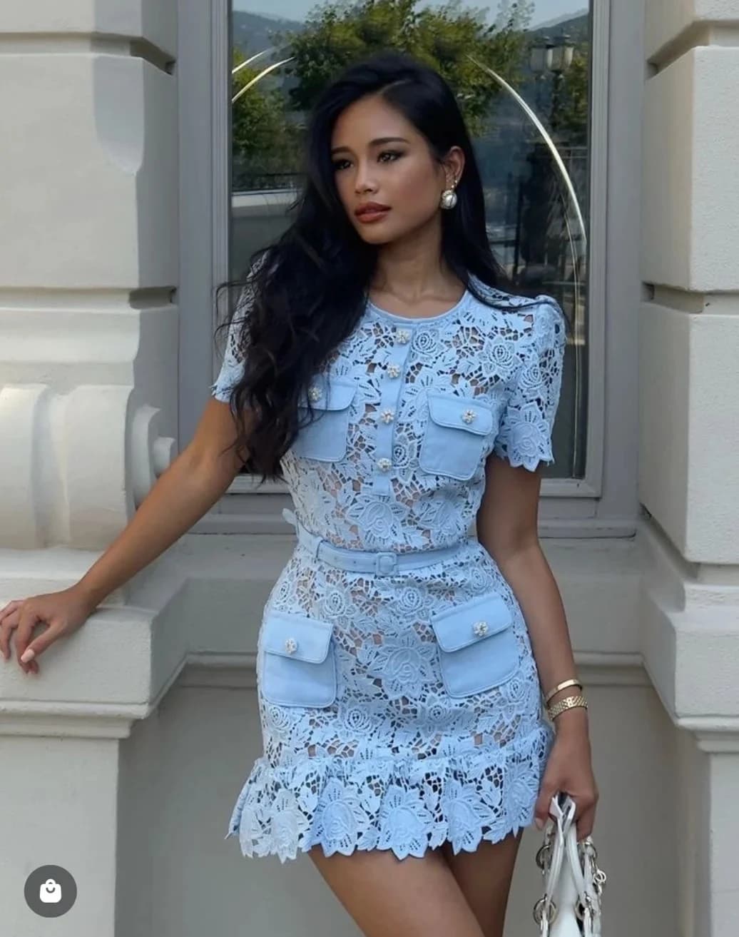 Blue Lace Dress Women Summer with Belt Short Sleeve Streetwear Clothing Lady Hollow Out Runway Design Vestidos Bodycon