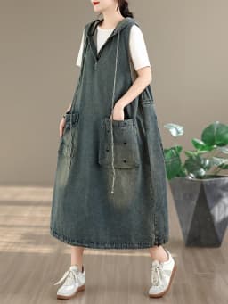Original Casual Washed Denim Vest Dress plus Size Women's Fashionable Summer 2026 High Waist Loose Fit Hooded Midi Dress