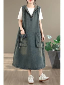 Original Casual Washed Denim Vest Dress plus Size Women's Fashionable Summer 2026 High Waist Loose Fit Hooded Midi Dress