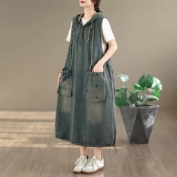Original Casual Washed Denim Vest Dress plus Size Women's Fashionable Summer 2026 High Waist Loose Fit Hooded Midi Dress