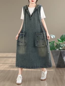 Original Casual Washed Denim Vest Dress plus Size Women's Fashionable Summer 2026 High Waist Loose Fit Hooded Midi Dress
