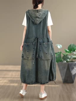 Original Casual Washed Denim Vest Dress plus Size Women's Fashionable Summer 2026 High Waist Loose Fit Hooded Midi Dress
