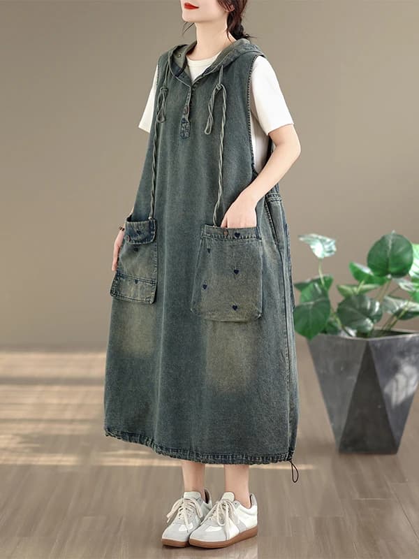 Original Casual Washed Denim Vest Dress plus Size Women's Fashionable Summer 2026 High Waist Loose Fit Hooded Midi Dress