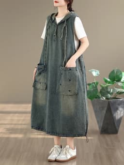 Original Casual Washed Denim Vest Dress plus Size Women's Fashionable Summer 2026 High Waist Loose Fit Hooded Midi Dress