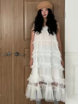 Korean Style Lace Trimmed Mesh Splice Summer New Sweet Biscuit Long Dress Women's Strap Dress Cake Skirt Commute Style