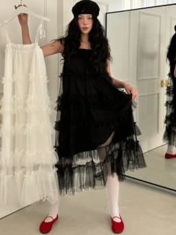 Korean Style Lace Trimmed Mesh Splice Summer New Sweet Biscuit Long Dress Women's Strap Dress Cake Skirt Commute Style