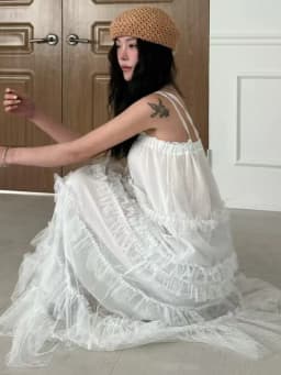 Korean Style Lace Trimmed Mesh Splice Summer New Sweet Biscuit Long Dress Women's Strap Dress Cake Skirt Commute Style