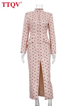 TTQV Fashion Slim Print Women's Dress 2026 Vintage Stand Collar Long Sleeve Midi Dresses Elegant Classic Slit Femlae Dress