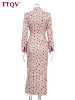 TTQV Fashion Slim Print Women's Dress 2026 Vintage Stand Collar Long Sleeve Midi Dresses Elegant Classic Slit Femlae Dress