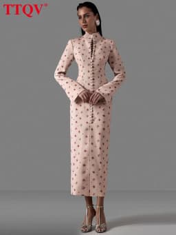 TTQV Fashion Slim Print Women's Dress 2026 Vintage Stand Collar Long Sleeve Midi Dresses Elegant Classic Slit Femlae Dress