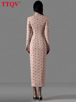 TTQV Fashion Slim Print Women's Dress 2026 Vintage Stand Collar Long Sleeve Midi Dresses Elegant Classic Slit Femlae Dress