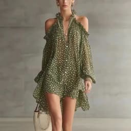 Women Polka Dot Party Cocktail Short Dress Halter Cold Shoulder Long Sleeve Loose Fit Evening Mini Dress Vestidos Mujer