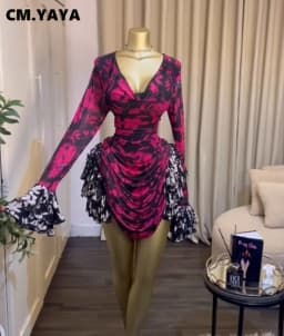 CM.YAYA Women Tie Dye Print Cascading Ruffles Long Sleeve Bodycon Ruched Tiered Mini Dress Fall Vacation Beach Party Dresses