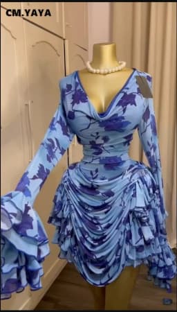 CM.YAYA Women Tie Dye Print Cascading Ruffles Long Sleeve Bodycon Ruched Tiered Mini Dress Fall Vacation Beach Party Dresses