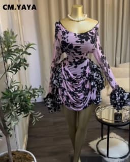 CM.YAYA Women Tie Dye Print Cascading Ruffles Long Sleeve Bodycon Ruched Tiered Mini Dress Fall Vacation Beach Party Dresses