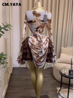 CM.YAYA Women Tie Dye Print Cascading Ruffles Long Sleeve Bodycon Ruched Tiered Mini Dress Fall Vacation Beach Party Dresses