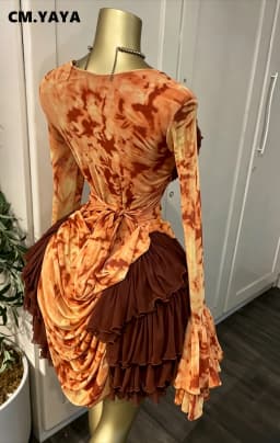 CM.YAYA Women Tie Dye Print Cascading Ruffles Long Sleeve Bodycon Ruched Tiered Mini Dress Fall Vacation Beach Party Dresses