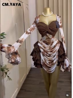 CM.YAYA Women Tie Dye Print Cascading Ruffles Long Sleeve Bodycon Ruched Tiered Mini Dress Fall Vacation Beach Party Dresses