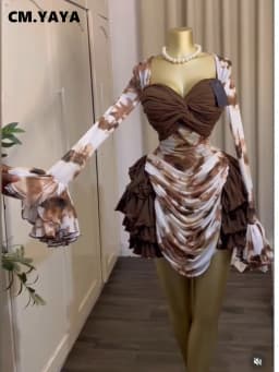 CM.YAYA Women Tie Dye Print Cascading Ruffles Long Sleeve Bodycon Ruched Tiered Mini Dress Fall Vacation Beach Party Dresses