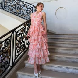 2026 Summer Floral Printed Halter Neck Ruffled Dress Waisted Elegant V Neck Women Vacation Irregular Layered Bavkless Vestidos