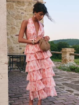 2026 Summer Floral Printed Halter Neck Ruffled Dress Waisted Elegant V Neck Women Vacation Irregular Layered Bavkless Vestidos
