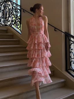 2026 Summer Floral Printed Halter Neck Ruffled Dress Waisted Elegant V Neck Women Vacation Irregular Layered Bavkless Vestidos