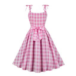 Lady Fashion Spaghetti Strap Pink Plaid Dress Women Summer Vestidos Elegant Vintage 50s Rockabilly Swing Party Evening Dress