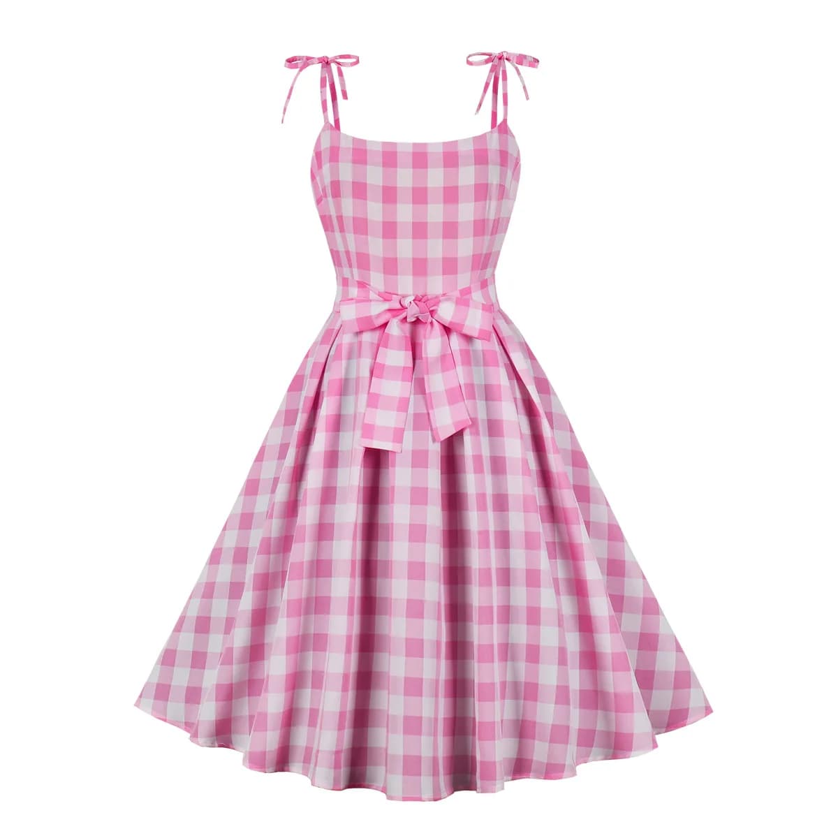 Lady Fashion Spaghetti Strap Pink Plaid Dress Women Summer Vestidos Elegant Vintage 50s Rockabilly Swing Party Evening Dress