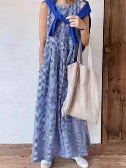 Summer New French Style Plaid Sleeveless Casual Dress Women Length Round Neck Loose Waist Skirt Women Ladies Dresses Vestidos