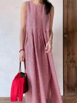 Summer New French Style Plaid Sleeveless Casual Dress Women Length Round Neck Loose Waist Skirt Women Ladies Dresses Vestidos