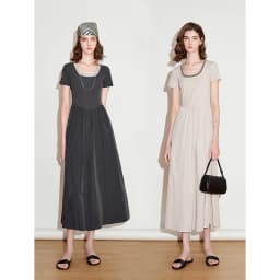 TOYOUTH Women Dress 2025 Spring New Fake Two Piece Slim Waist Contrasting Color Splicing U Neck Short Sleeve Mid Length Skirt