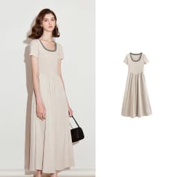 TOYOUTH Women Dress 2025 Spring New Fake Two Piece Slim Waist Contrasting Color Splicing U Neck Short Sleeve Mid Length Skirt