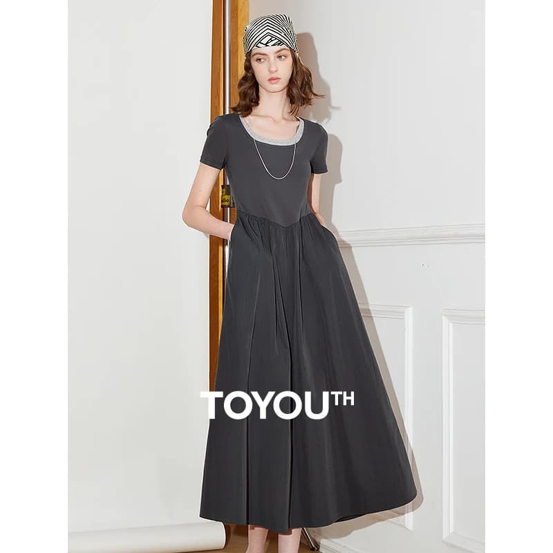 TOYOUTH Women Dress 2025 Spring New Fake Two Piece Slim Waist Contrasting Color Splicing U Neck Short Sleeve Mid Length Skirt