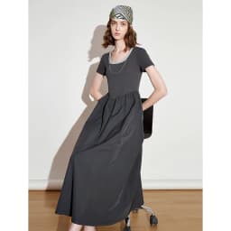 TOYOUTH Women Dress 2025 Spring New Fake Two Piece Slim Waist Contrasting Color Splicing U Neck Short Sleeve Mid Length Skirt