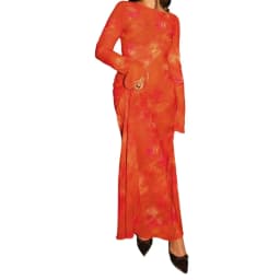 Lamuusaa Floral Print Long Dress y2k Women Clothes Boat Neck Long Sleeve Mesh Dress Summer Beach Party Dresses Clubwear