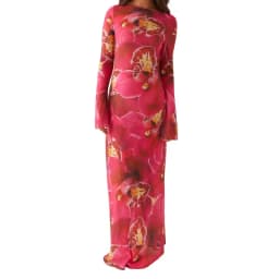 Lamuusaa Floral Print Long Dress y2k Women Clothes Boat Neck Long Sleeve Mesh Dress Summer Beach Party Dresses Clubwear