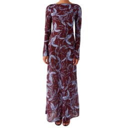 Lamuusaa Floral Print Long Dress y2k Women Clothes Boat Neck Long Sleeve Mesh Dress Summer Beach Party Dresses Clubwear