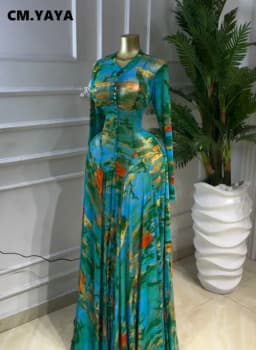 CM.YAYA Women O-neck Full Sleeve Big Swing Tie Dye Print Long Dress 2026 Sexy Beach Party Evening Vacation Maxi Dresses Vestidos