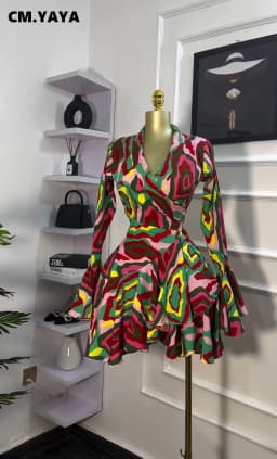 CM.YAYA 2026 Spring Women Flare Long Sleeve V-neck Sashes Ruffle Mini Dress Street Elegant Sexy Vacation Party Birthday Dresses