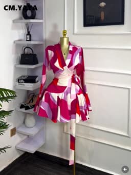 CM.YAYA 2026 Spring Women Flare Long Sleeve V-neck Sashes Ruffle Mini Dress Street Elegant Sexy Vacation Party Birthday Dresses