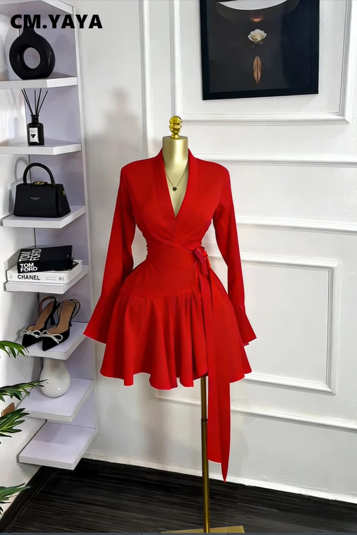 CM.YAYA 2026 Spring Women Flare Long Sleeve V-neck Sashes Ruffle Mini Dress Street Elegant Sexy Vacation Party Birthday Dresses