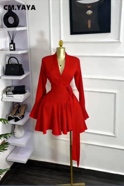 CM.YAYA 2026 Spring Women Flare Long Sleeve V-neck Sashes Ruffle Mini Dress Street Elegant Sexy Vacation Party Birthday Dresses