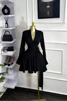 CM.YAYA 2026 Spring Women Flare Long Sleeve V-neck Sashes Ruffle Mini Dress Street Elegant Sexy Vacation Party Birthday Dresses