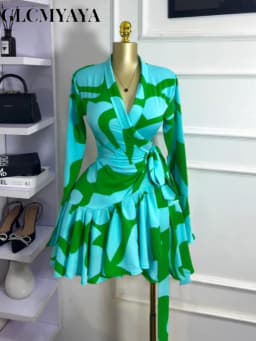 CM.YAYA 2026 Spring Women Flare Long Sleeve V-neck Sashes Ruffle Mini Dress Street Elegant Sexy Vacation Party Birthday Dresses