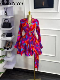CM.YAYA 2026 Spring Women Flare Long Sleeve V-neck Sashes Ruffle Mini Dress Street Elegant Sexy Vacation Party Birthday Dresses