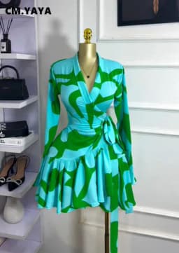 CM.YAYA 2026 Spring Women Flare Long Sleeve V-neck Sashes Ruffle Mini Dress Street Elegant Sexy Vacation Party Birthday Dresses