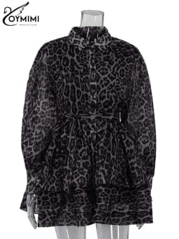 Oymimi Fashion Brown Leopard Print Women's Dress Elegant Long Sleeve Buton Lace-Up Dresses Casual Cascading Ruffle Mini Dresses