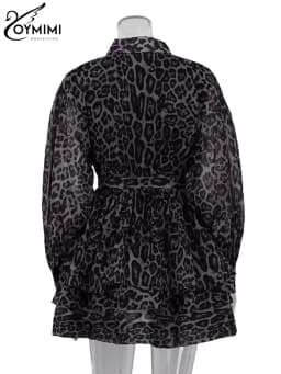 Oymimi Fashion Brown Leopard Print Women's Dress Elegant Long Sleeve Buton Lace-Up Dresses Casual Cascading Ruffle Mini Dresses