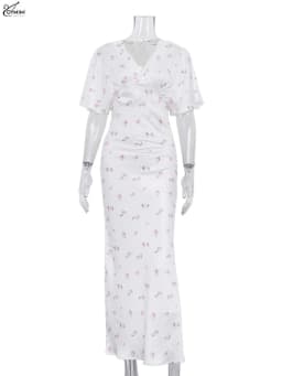 Oymimi Casual White Print Dresses For Woman Fashion V-Neck Batwing Sleeve Dresses Elegant Straight Floor-Length Dress Streetwear